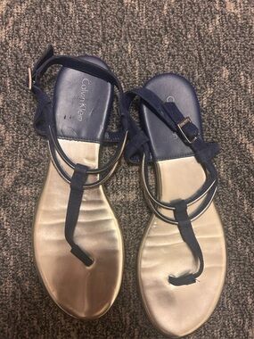 Calvin Klein Navy and Metallic silver T-Strap Sandals for Women